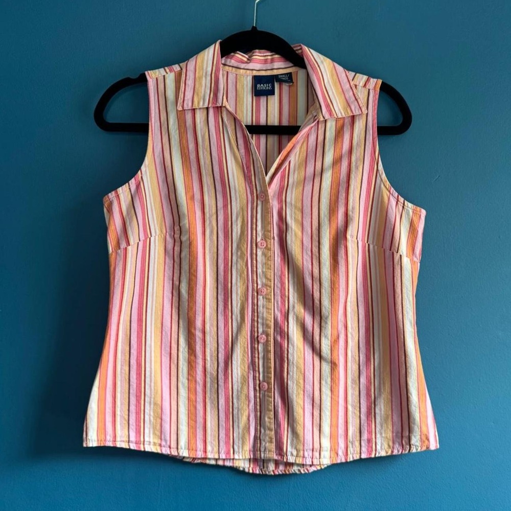 Vintage Striped Tank Top Women's Size Small Pink Basic Editions Collared Retro